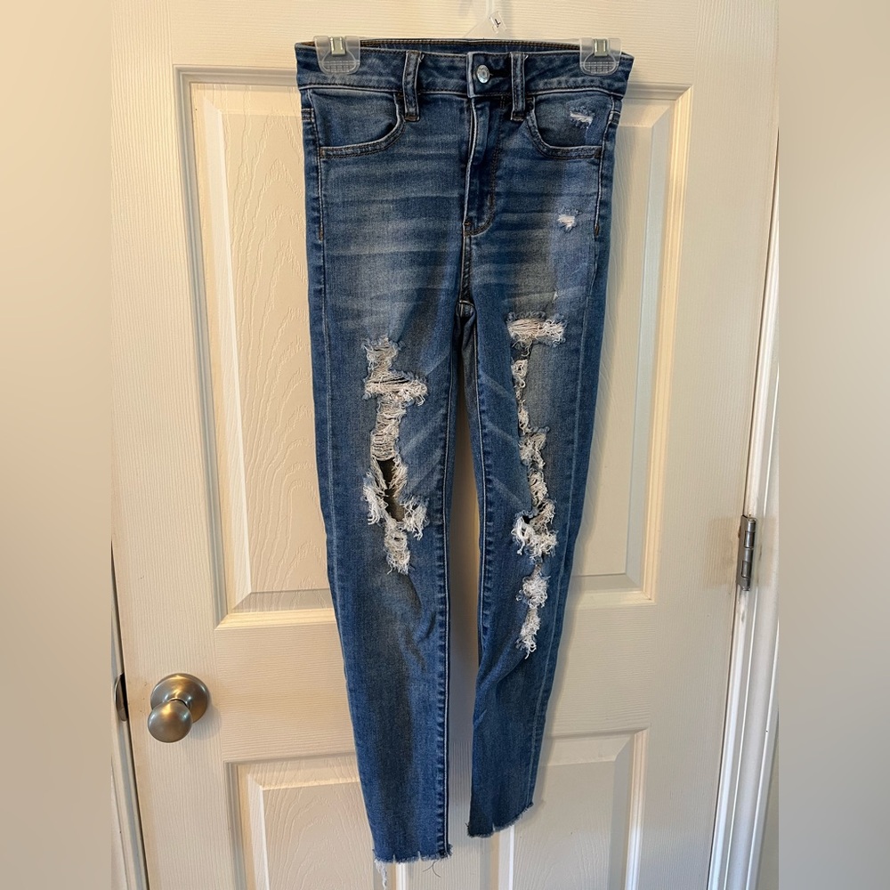 American Eagle Stretch Next Level Dark Blue Distressed Jeggings